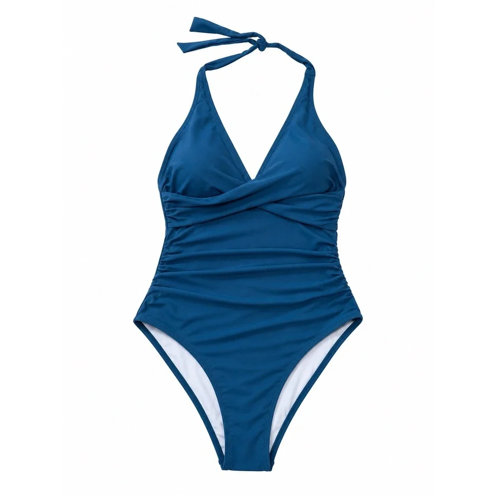 Unbranded One Piece Swimsuit Womens Medium Teal Blue Ruched Halter Wrap Front